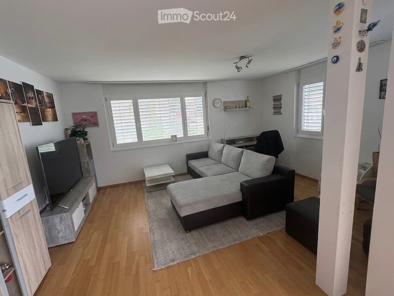 Modern living room with wooden flooring, large windows, grey sectional sofa, coffee table, TV stand, and decorative wall art.