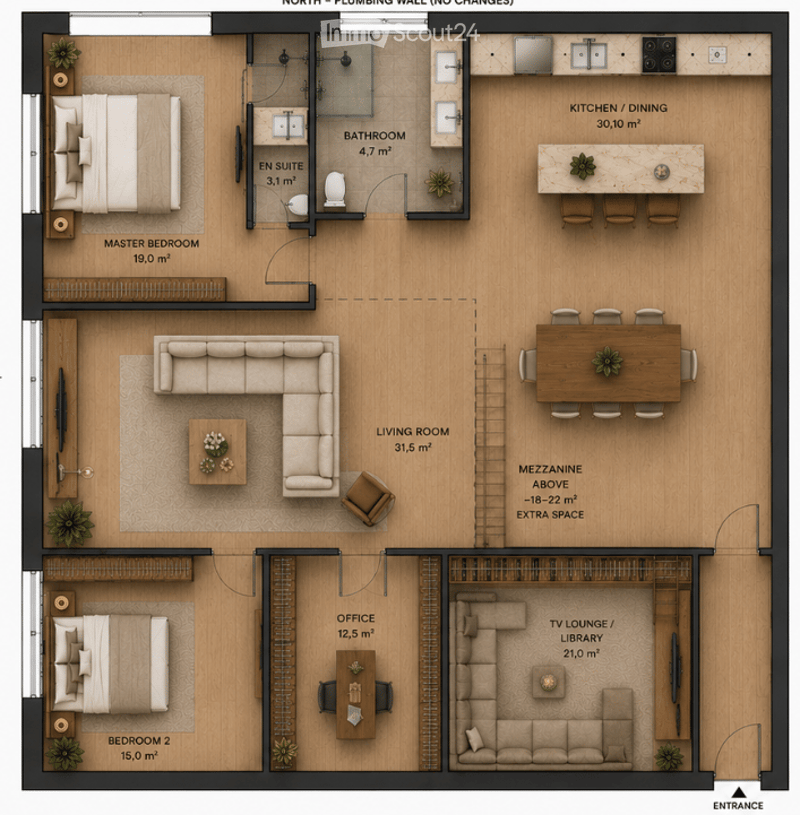 Floor plan of a modern apartment featuring a master bedroom, en-suite bathroom, living room, kitchen/dining area, office, TV lounge/library, and additional bedroom. Layout includes a mezzanine level above the living room.