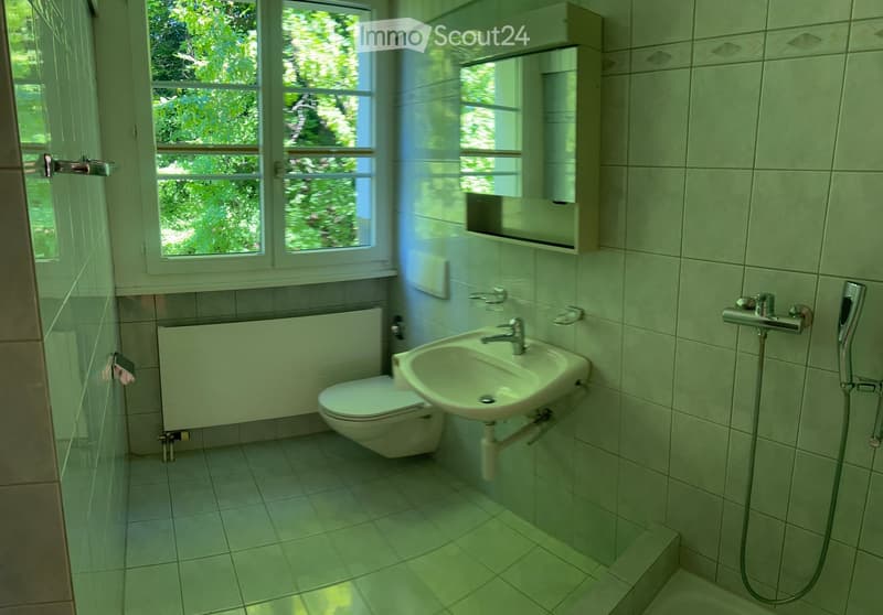 Modern bathroom with white tiles, a toilet, a sink with a mirror cabinet, and a radiator. The room has large windows with a view of greenery outside.