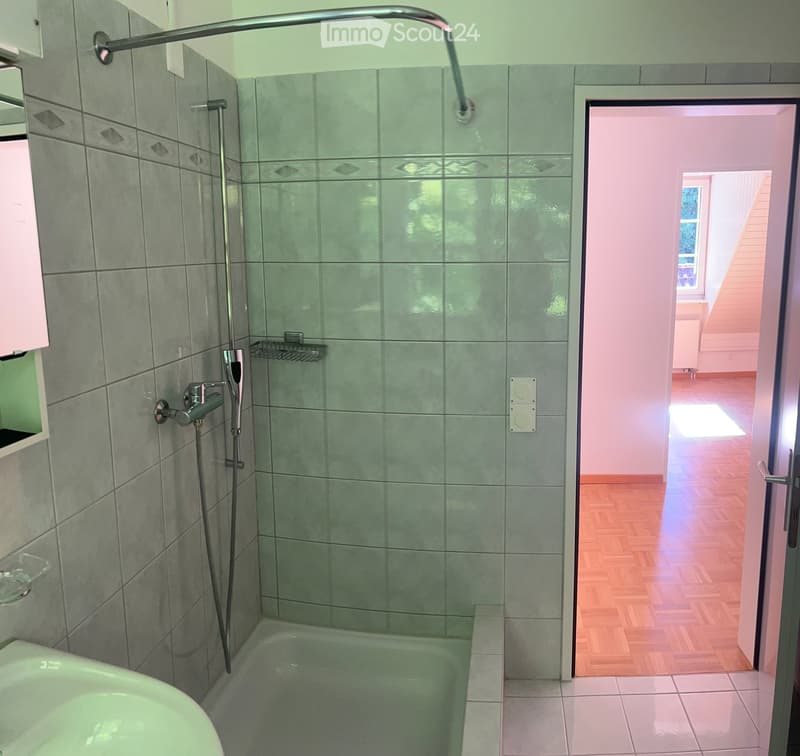 Modern bathroom with a bathtub, glass-enclosed shower, and a chrome showerhead. The walls are tiled in grey with decorative diamond-shaped tiles near the top. A small shelf is visible on the left side.
