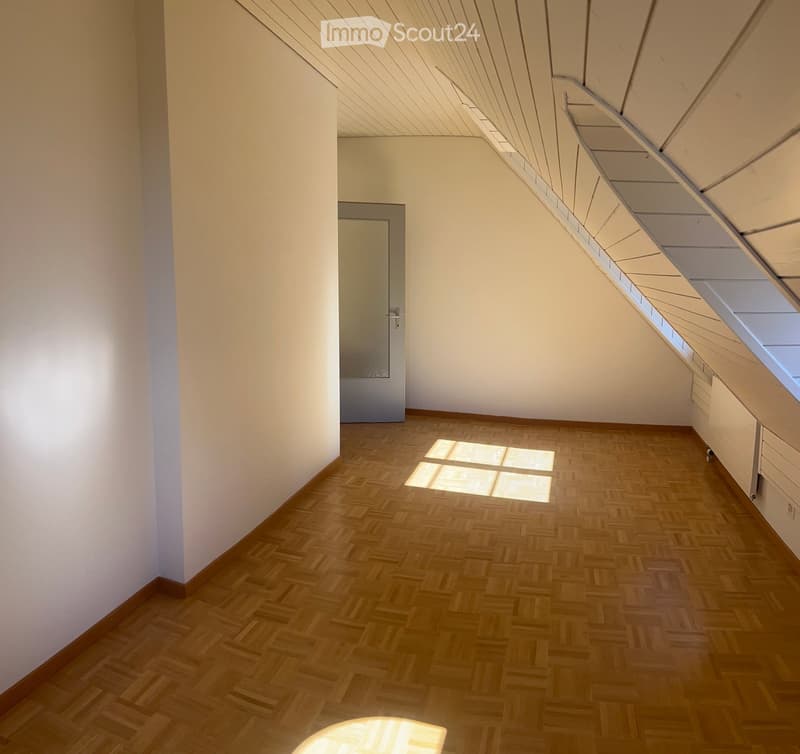 Empty room with wooden herringbone flooring, white walls, and a door leading to another space. Natural light streams in from a skylight above.