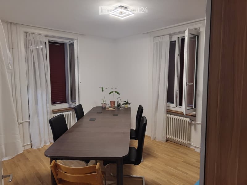 Bright room with wooden flooring, large windows with white curtains, a long wooden table surrounded by black and wooden chairs, small potted plants on the table, and a radiator under the windows.
