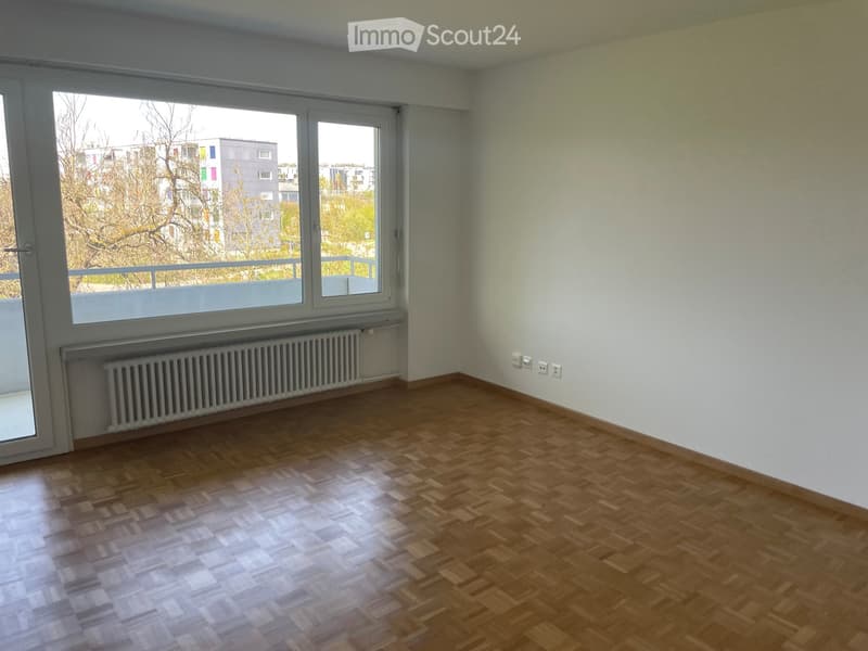 Empty room with wooden parquet flooring, white walls, large window with radiator below, and electrical outlets on the wall.
