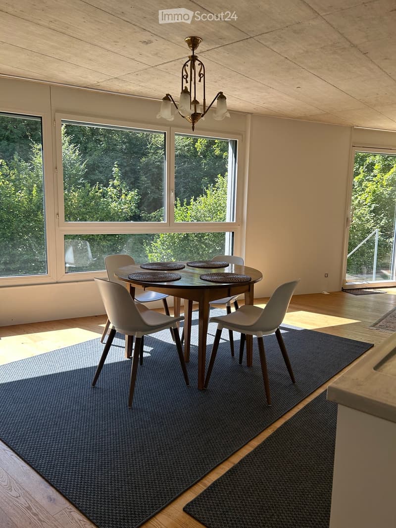 Dining room with a round wooden table, four modern chairs, placemats, and a chandelier hanging from the ceiling. Large windows provide natural light, and the room features wooden flooring and a dark blue rug.