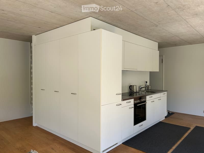 Modern, minimalist kitchen with white cabinets, stainless steel appliances, and wooden flooring.