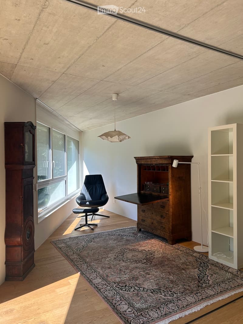 Bright room with wooden flooring, large windows, a patterned rug, a black leather chair, a wooden desk with drawers, a tall wooden cabinet, a white shelving unit, and modern lighting.