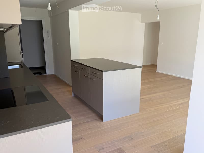 Modern kitchen with light wooden flooring, white and grey cabinets, and a black countertop island.