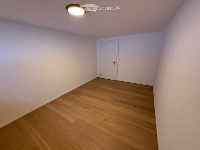 Empty room with light wooden flooring, white walls, and a single white door. A round ceiling light fixture is visible.