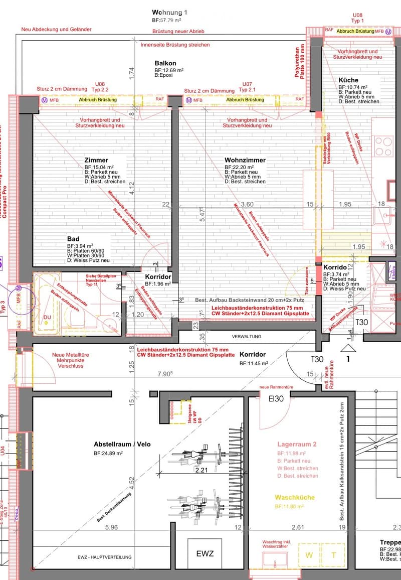 Floor plan of a residential unit showing a living room, kitchen, bedroom, bathroom, balcony, corridor, storage room, and utility area.