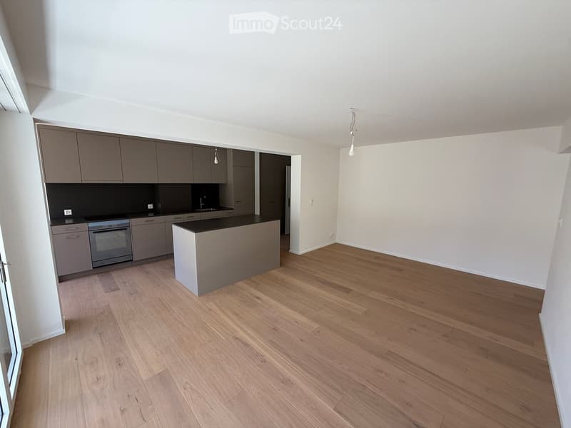 Modern kitchen with grey cabinets, a central island, and wooden flooring.