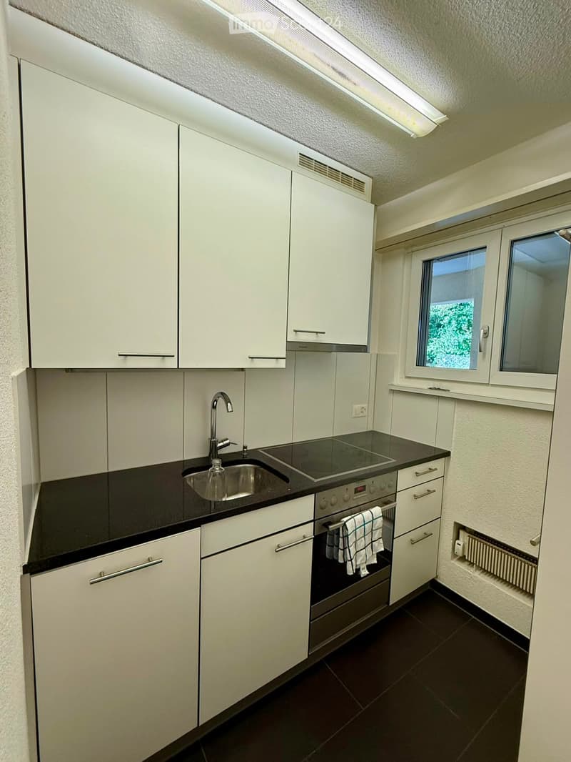 Modern kitchen with white cabinets, black countertops, stainless steel sink, and built-in oven. Features a window with a view of greenery.
