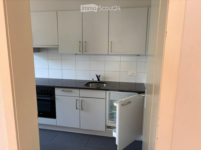 Modern kitchen with white cabinets, black countertops, stainless steel sink, and built-in oven. Open refrigerator reveals interior storage.