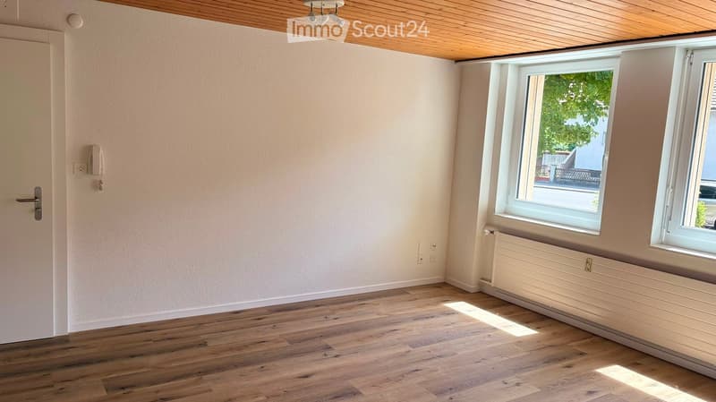 Empty room with wooden flooring, white walls, large windows, and a radiator. No furniture or personal items are present.