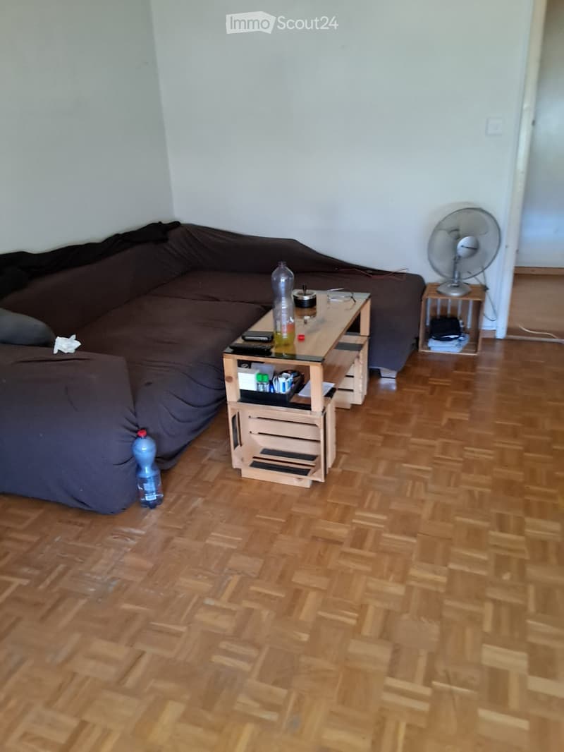 Living room with wooden flooring, a dark brown sofa, a wooden coffee table with various items, and a small fan on a side table.