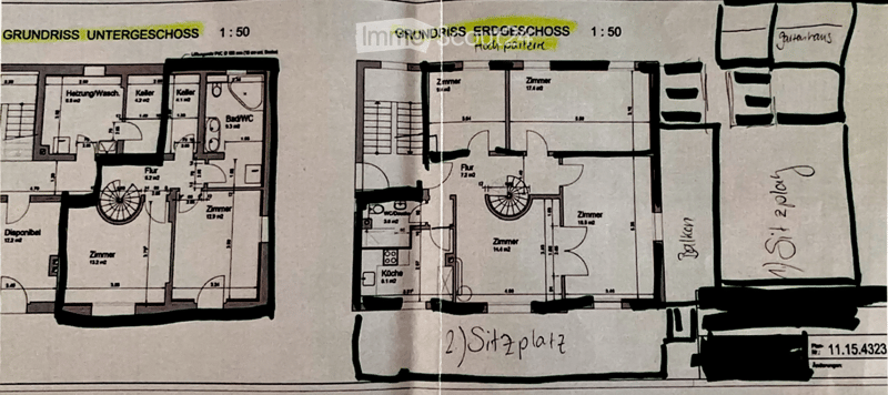 Floor plan showing two levels: basement and ground floor. Basement includes heating/washing area, two cellars, bathroom/WC, hallway, and room. Ground floor includes living room, kitchen, three bedrooms, hallway, and bathroom/WC.