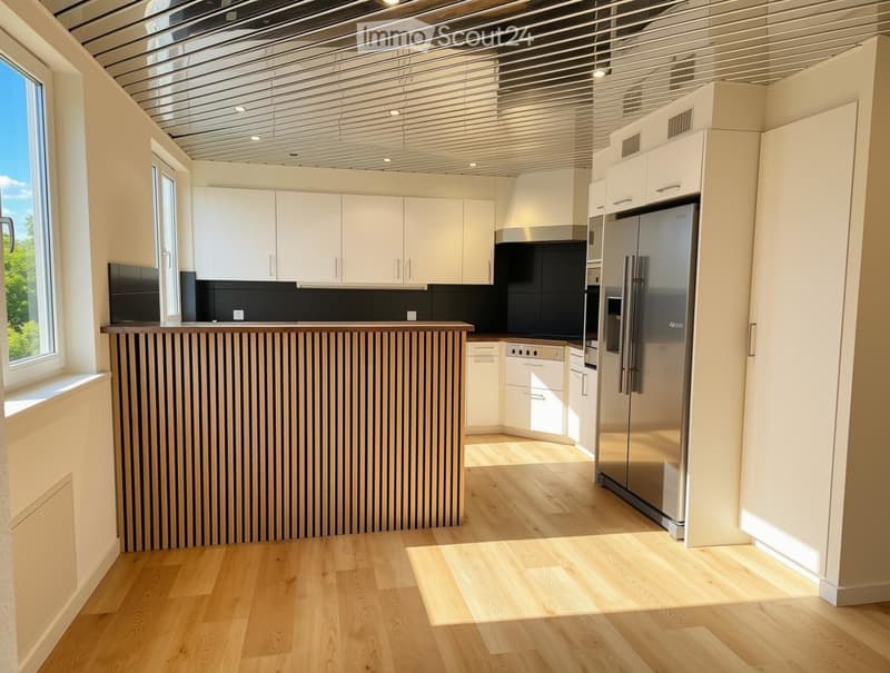 Modern kitchen with white cabinets, stainless steel appliances, and wooden flooring. Features a central island with a wooden countertop and a large window letting in natural light.