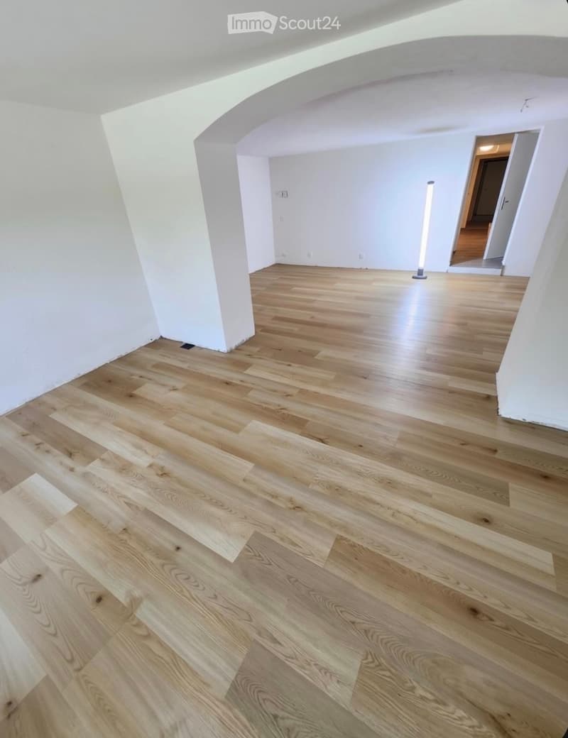 Empty room with light wooden flooring and white walls, featuring an arched doorway leading to another room.