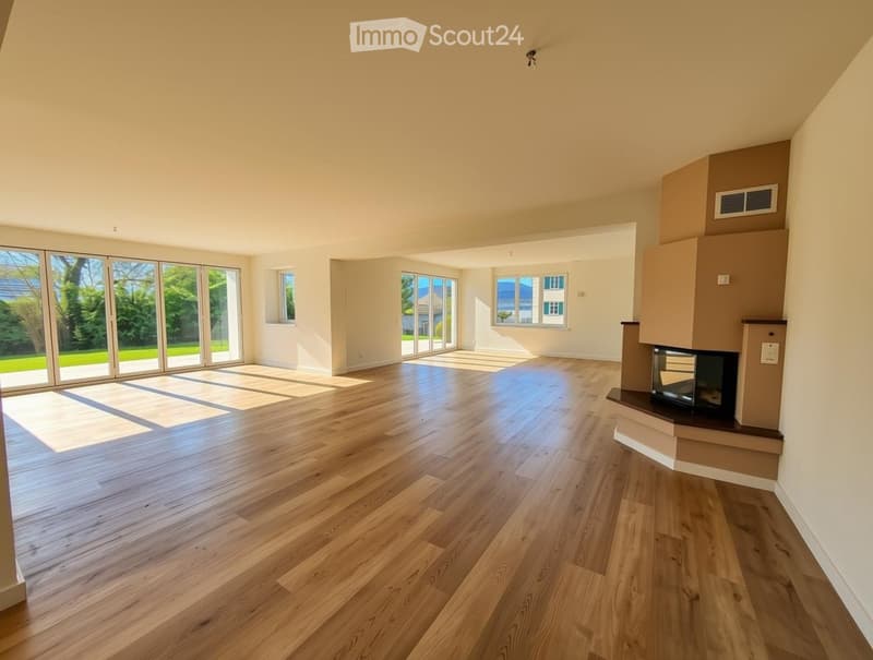 Bright, empty living space with wooden flooring, large windows, and a fireplace. No furniture or equipment present.