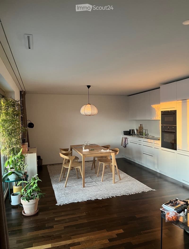 Modern kitchen and dining area with white cabinets, wooden dining table, six chairs, pendant light, and potted plants near the window.