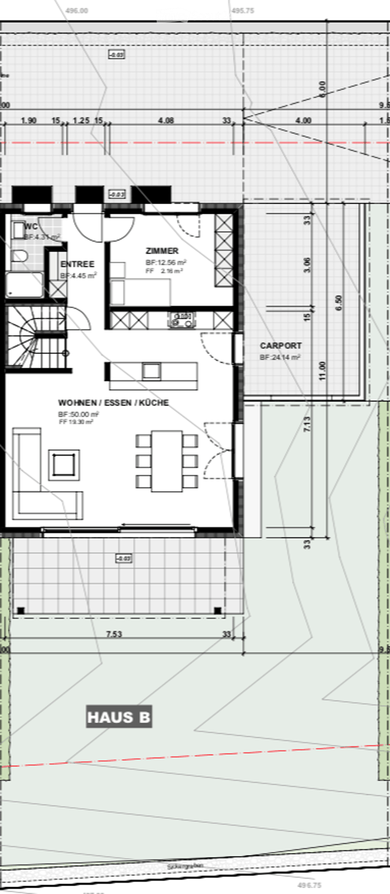 Floor plan of Haus B showing a living/dining/kitchen area, a bedroom, a carport, and a WC.