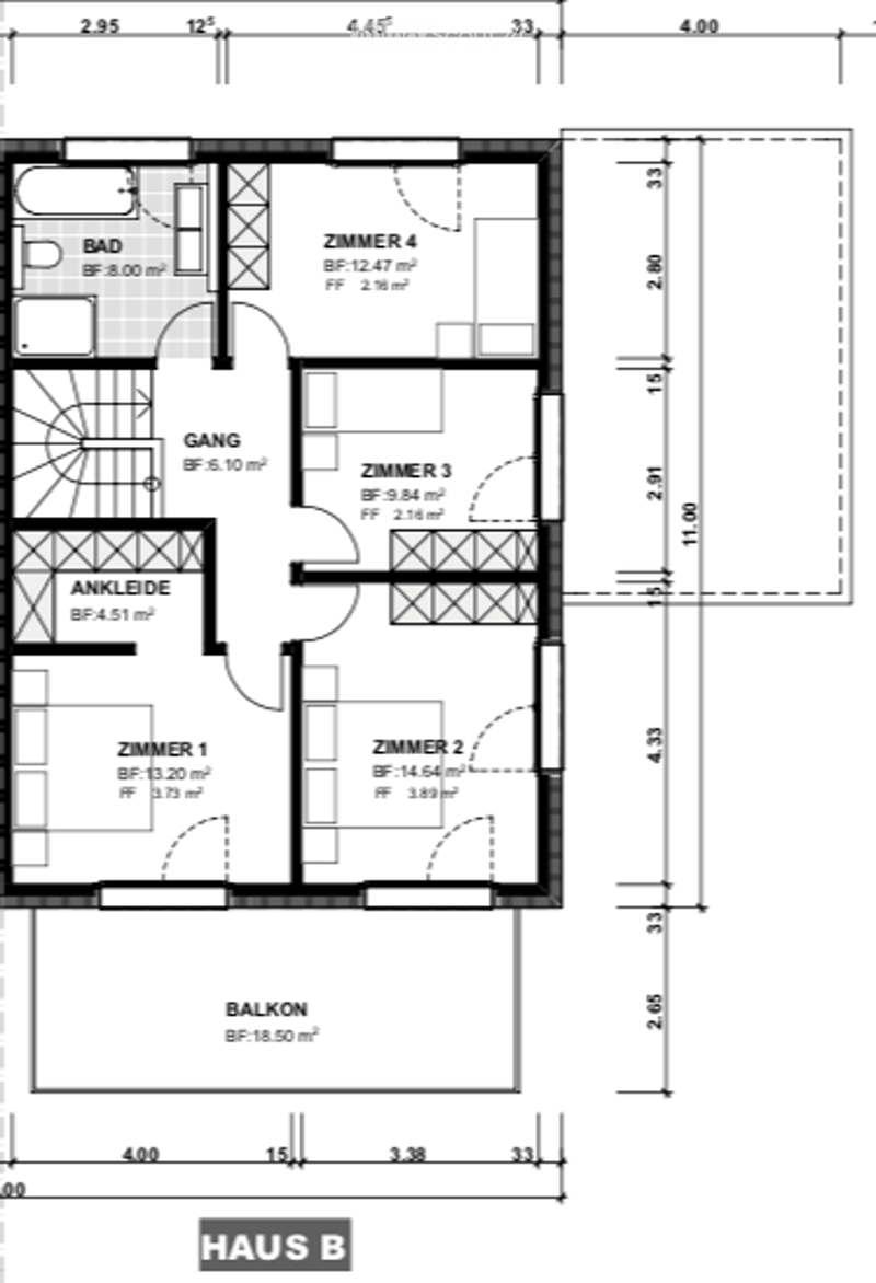 Floor plan of a house with four bedrooms, a bathroom, a hallway, a balcony, and an entrance area.