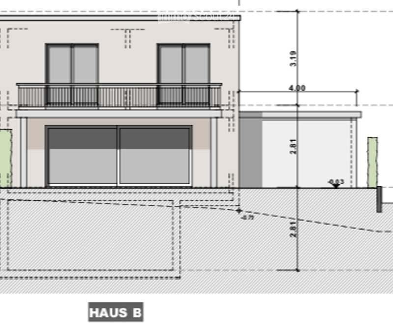 Floor plan of a two-story house labeled 'HAUS B' with dimensions and layout details, including a balcony on the upper floor and a garage on the ground floor.