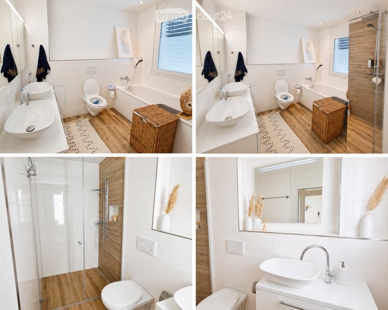 Four images of modern bathrooms with white tiles, wooden flooring, double sinks, toilets, bathtubs, and glass shower enclosures. Each bathroom features decorative elements like wicker baskets, vases, and towels.