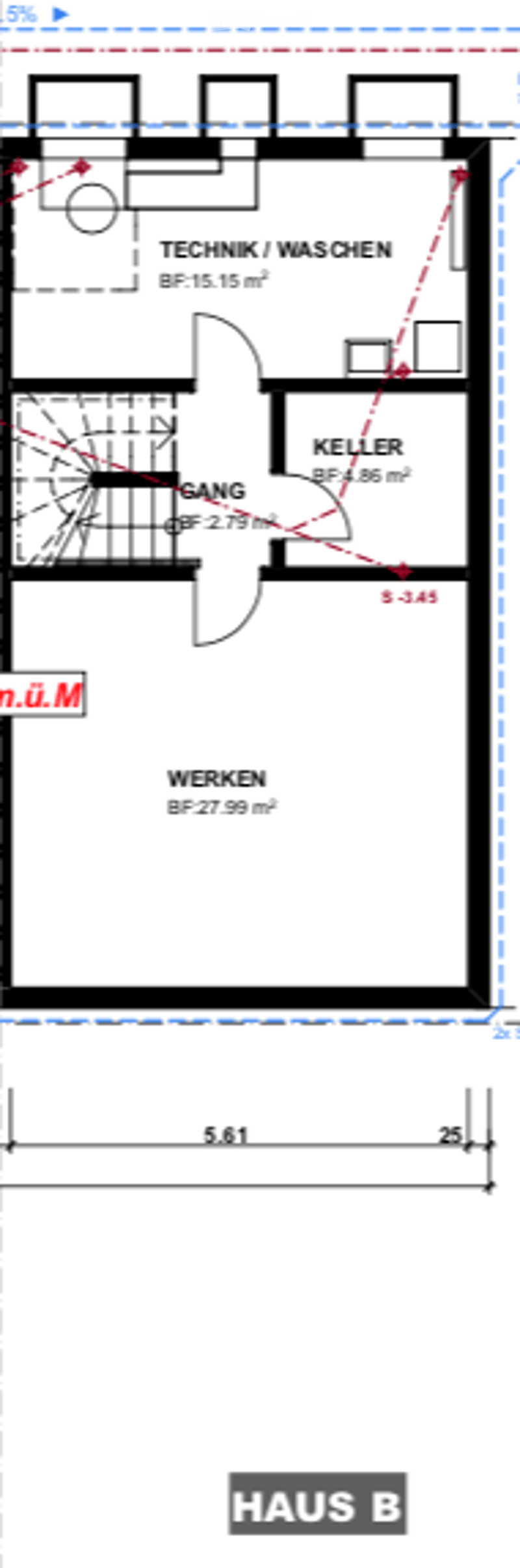 Floor plan of Haus B showing a layout with labeled areas: Techniker/Waschen, Keller, Sang, and Werken. Dimensions and floor levels are indicated.