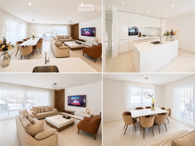 Modern, well-lit living and dining area with a beige sofa, coffee table, dining table with chairs, and a sleek kitchen island. The space features large windows with sheer curtains, a television, and decorative vases.