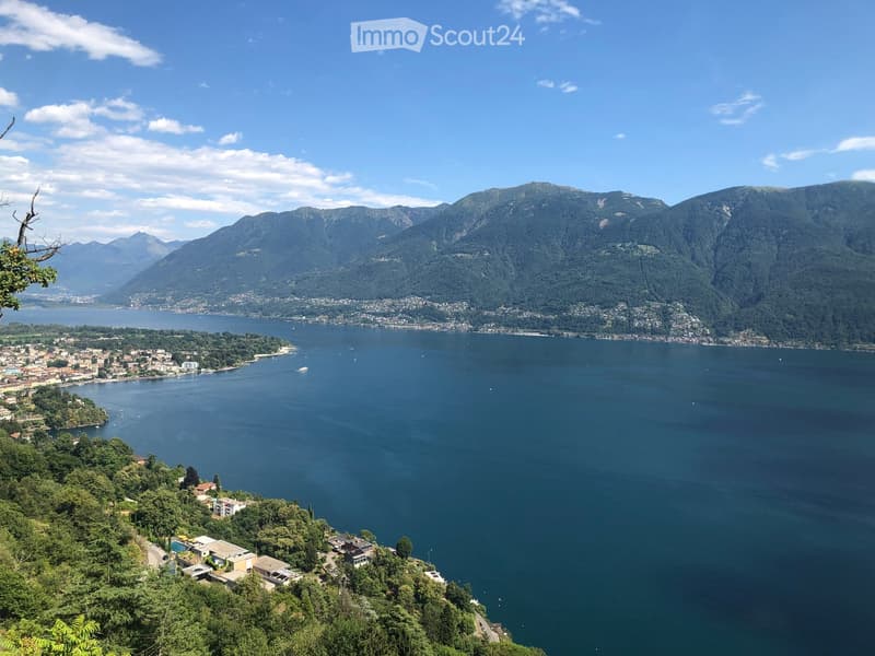Panoramic view of a lake surrounded by mountains, with small settlements along the shore and a clear blue sky above.