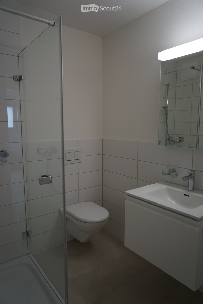 Modern bathroom with white tiles, a toilet, a sink with a mirror, and a glass-enclosed shower area.