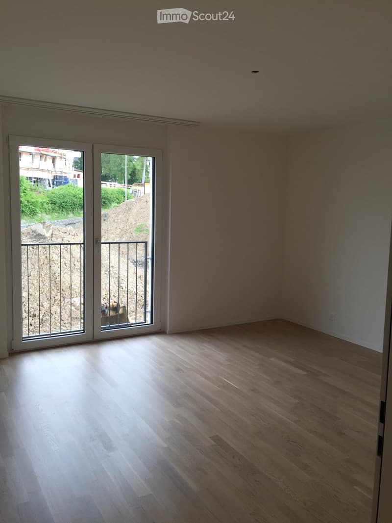 Empty room with light wooden flooring and large sliding glass doors leading to a balcony with a metal railing.
