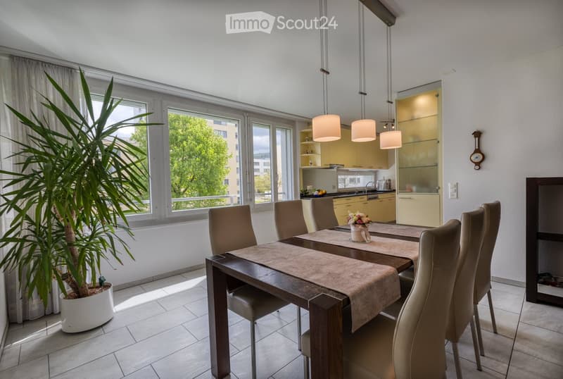 Bright dining area with a wooden dining table, six chairs, a potted plant, and a modern kitchen area with cabinets and appliances.