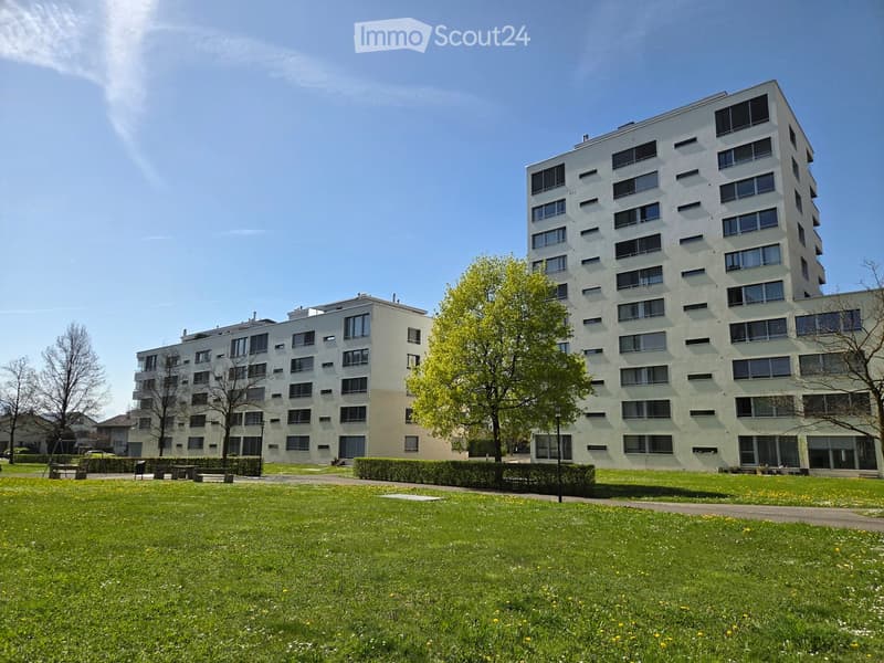 Modern multi-story residential building with numerous windows and balconies, surrounded by a well-maintained lawn and trees.
