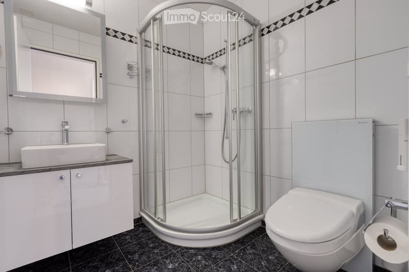 Modern bathroom with white tiles, a corner shower stall, a white sink with a faucet, a toilet, and a mirror above the sink.