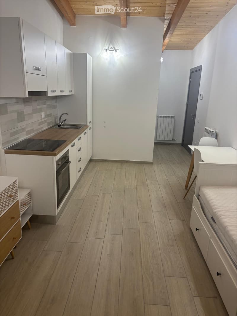 A compact studio apartment with a kitchen area featuring cabinets, a sink, stove, and refrigerator, and a sleeping area with a bed and a small table with a chair.