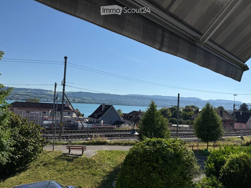 View from a balcony or terrace showing a grassy area with bushes, a bench, and a scenic view of a lake, distant hills, and houses.
