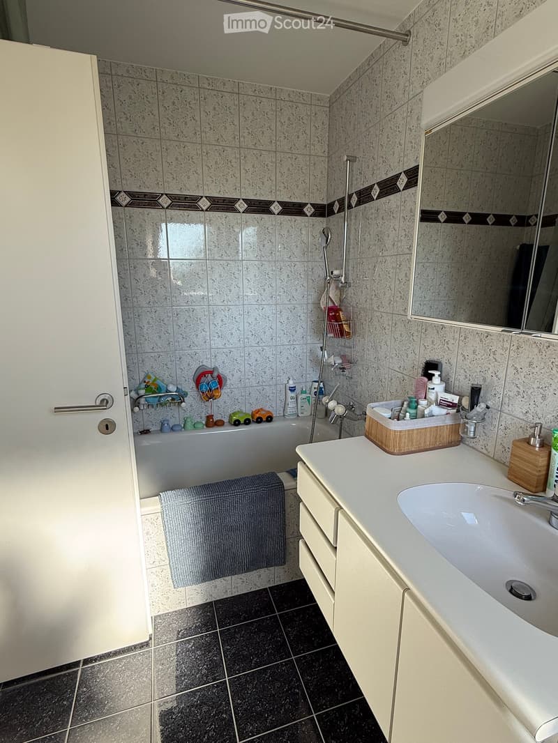 Bathroom with a white sink, bathtub, mirror, and various toiletries. Features tiled walls and a dark tiled floor.