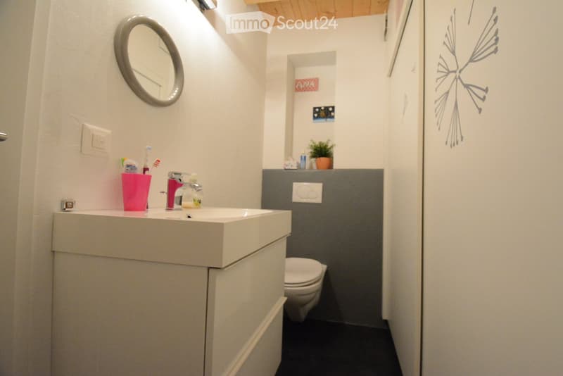 Modern bathroom with a white sink, pink cup, toothbrush, and a round mirror above it. A toilet is visible in the background, along with a small plant on the counter.