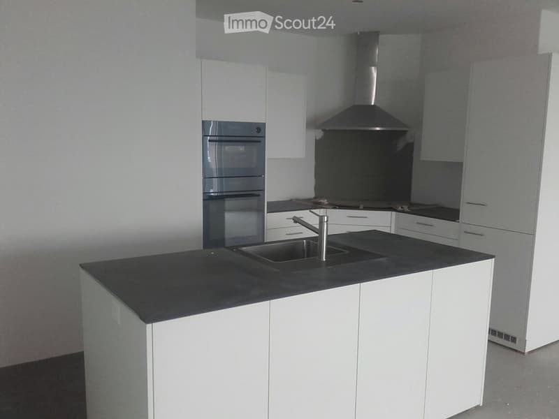 Modern kitchen with white cabinets, black countertop, stainless steel sink, faucet, oven, and range hood.