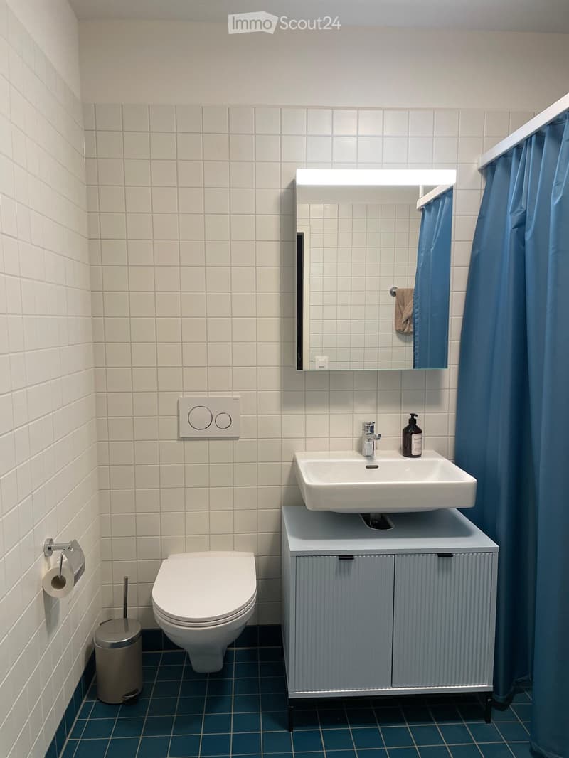 Modern bathroom with white tiled walls, blue tiled floor, white toilet, sink with cabinet, mirror, and shower curtain.