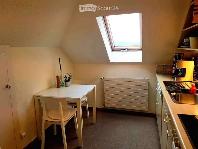 A compact, well-lit room with a small table and chairs, a sink with a faucet, a radiator, and a window with blinds. The room includes a candle, a small plant, and a coffee maker on the counter.