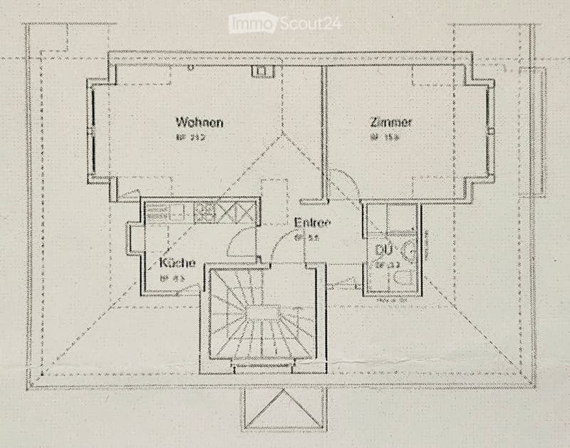 Floor plan showing a living room, bedroom, kitchen, entrance, and bathroom.