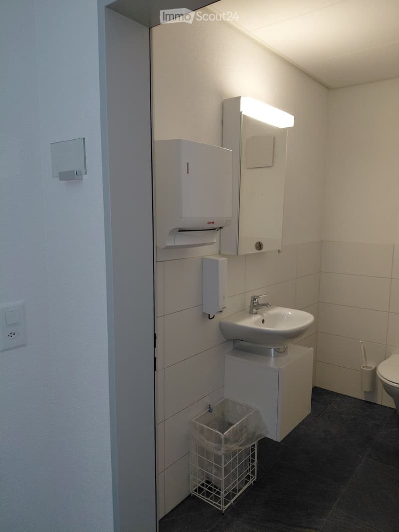 Modern bathroom with a white sink, faucet, toilet, paper towel dispenser, mirror, and a small trash bin.