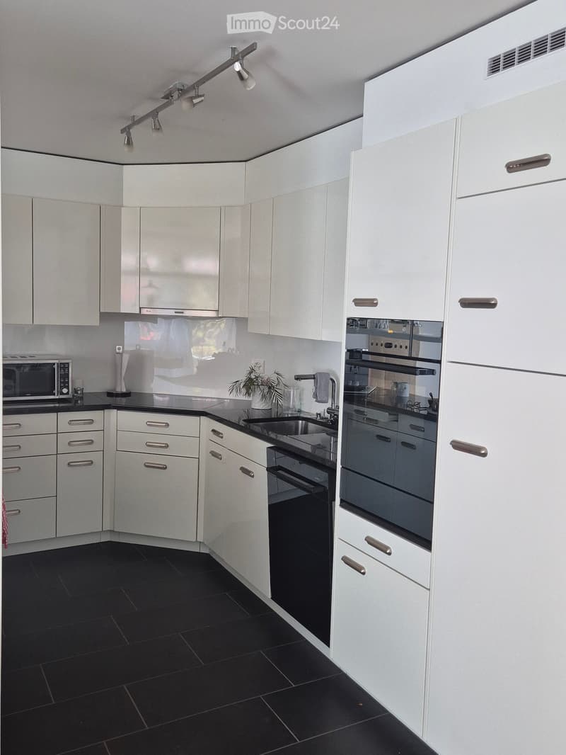 Modern kitchen with white cabinets, black countertops, and stainless steel appliances. Features include a microwave, oven, sink, faucet, and a small plant on the counter.