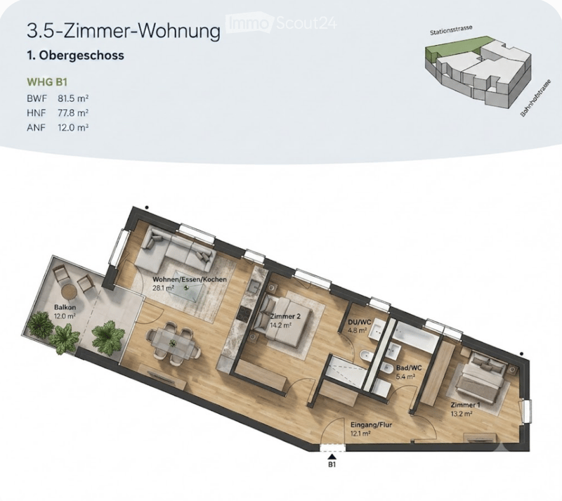 Floor plan of a 3.5-room apartment on the upper floor, including living/dining/kitchen area, two bedrooms, two bathrooms, entrance hall, and balcony.