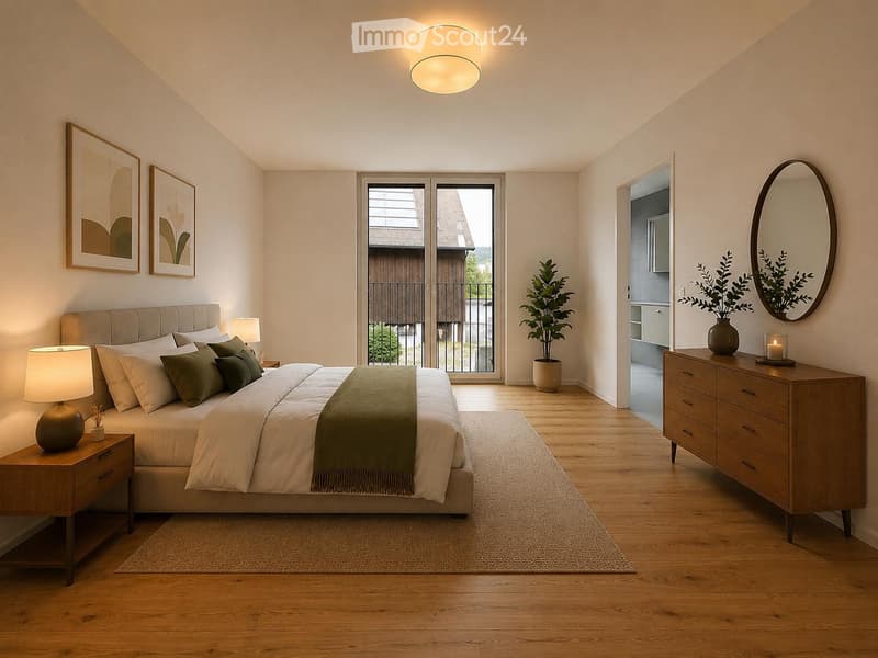 Modern bedroom with a large bed, nightstand, lamp, dresser, mirror, and potted plants. The room features wooden flooring, large windows with a view, and decorative artwork on the walls.