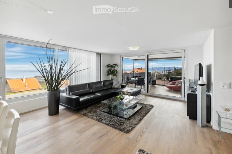 Modern living room with large windows offering a scenic view, featuring a black sectional sofa, glass coffee table, and a tall plant in a pot.