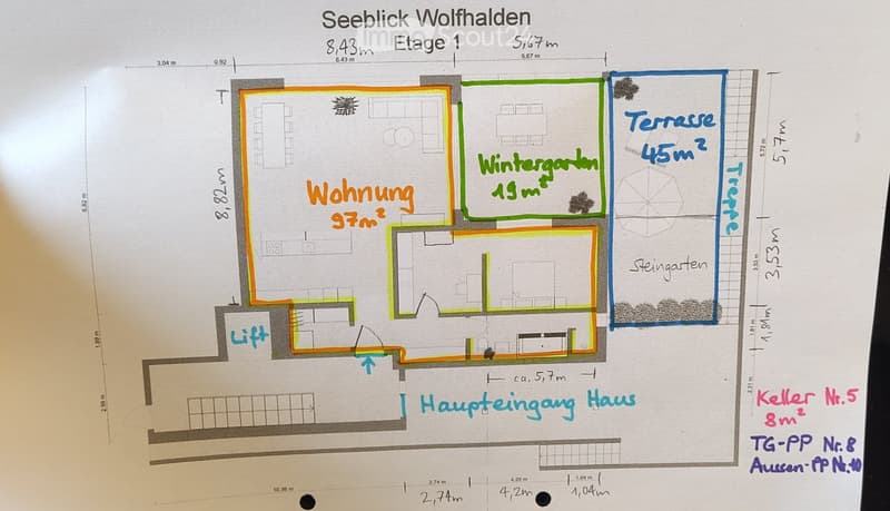 Floor plan of 'Seeblick Wolfhalden' showing a 97m² apartment, a 19m² winter garden, a 45m² terrace, and a stone garden.