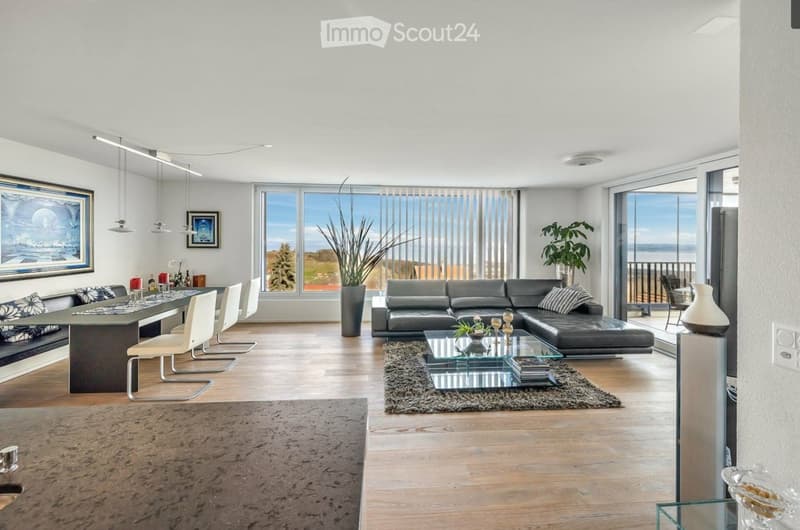 Modern living and dining area with a black leather sofa, glass coffee table, dining table with chairs, large windows with blinds, and decorative plants.